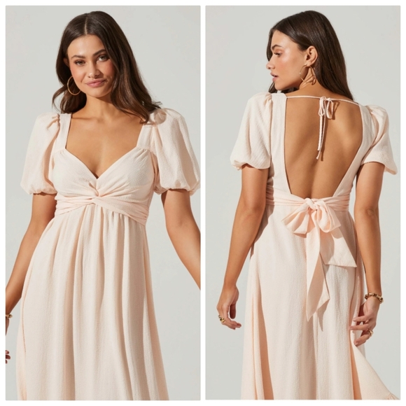 New ASTR The Label Tie Back Puff Sleeve Cream Midi Dress Medium NWT - Picture 4 of 11